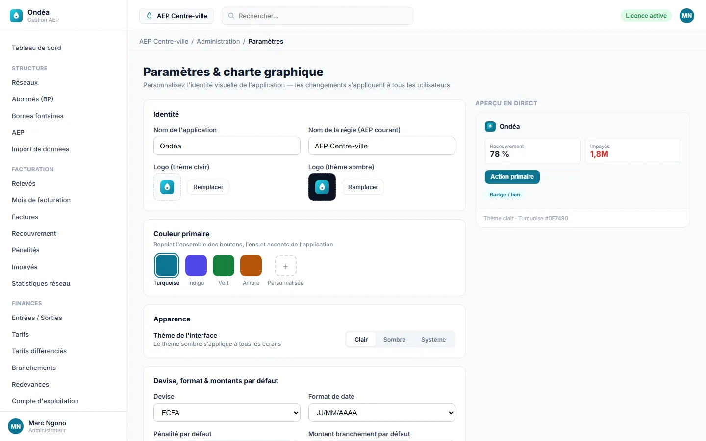 Paramètres : nom de l'application, logo, couleurs, devise et coordonnées.