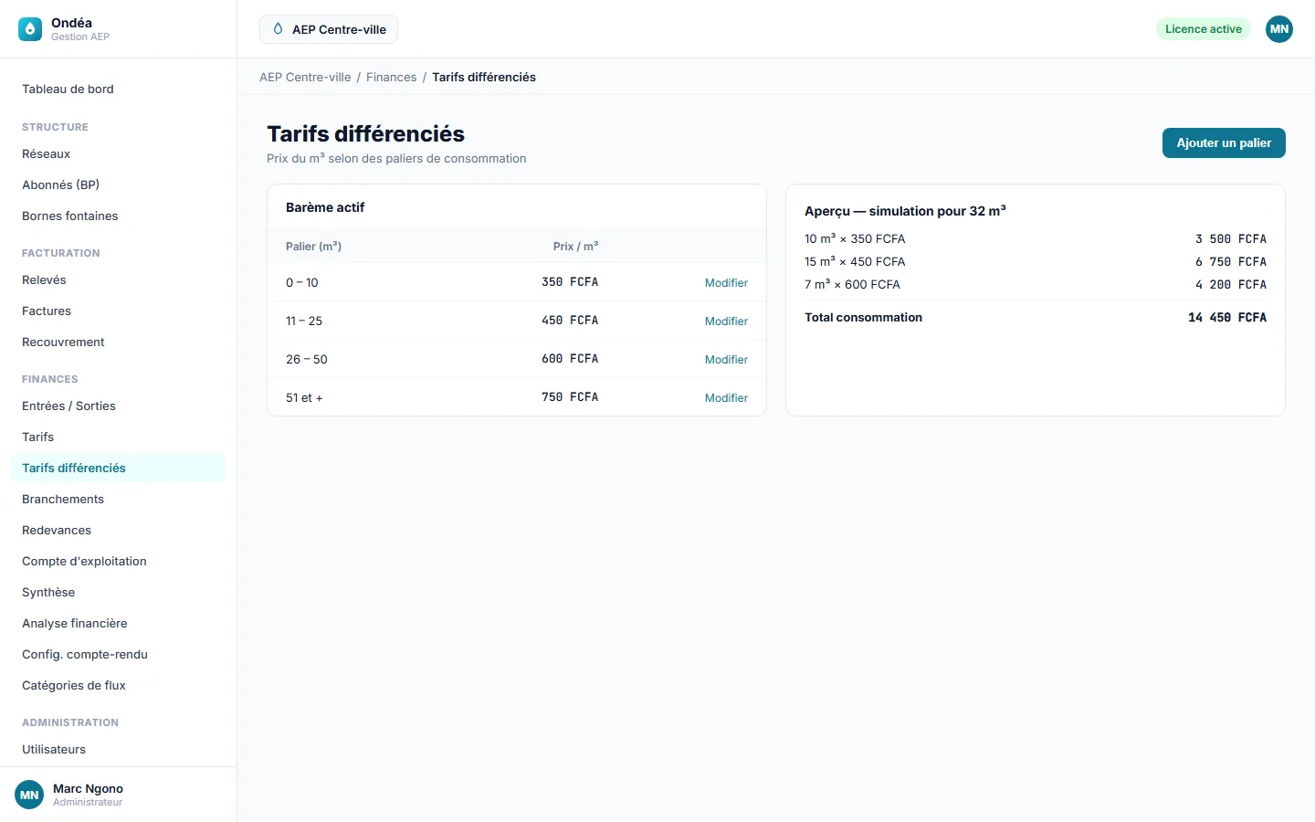 Paramétrage des tarifs différenciés.