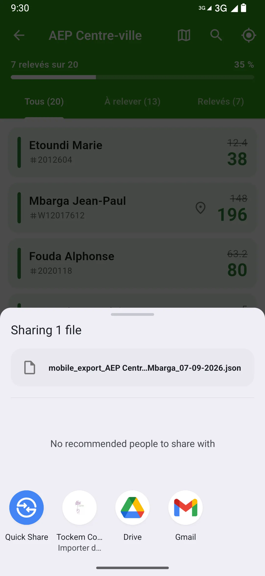 Envoi du fichier par le partage Android.